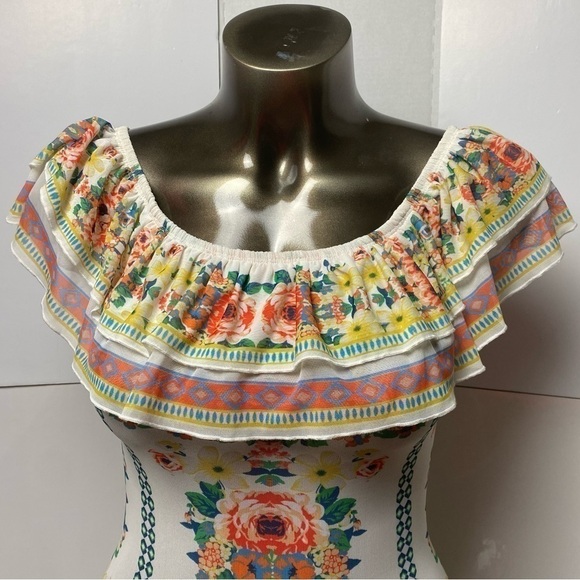 JEALOUS Tomato Floral Mesh Vibes Ruffled Layered Bodysuit Party Festival Large - Picture 4 of 15